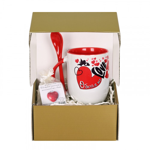 Подаръчен комплект "Обичам те" с чаша, лъжичка и чаена свещ с изображение